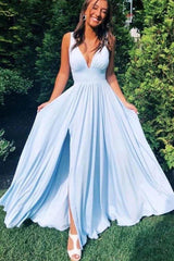 V Neck Light Blue Long Prom Dress with Split, Light Blue Long Formal Graduation Bridesmaid Dress - RongMoon
