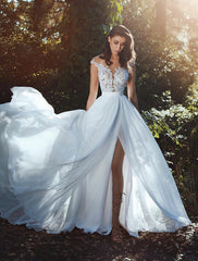 Beach Open Back Wedding Dresses Court Train A-Line Cap Sleeve Illusion Neck Chiffon With Pleats Split Front