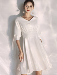 Reception Little White Dresses Wedding Dresses A-Line V Neck Half Sleeve Knee Length Stretch Fabric Bridal Gowns With