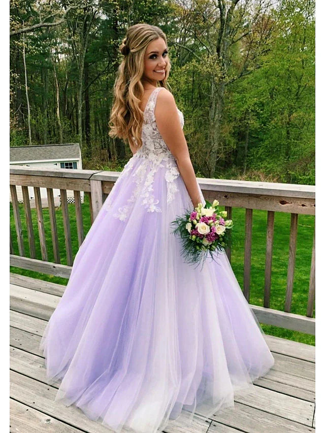 Ball Gown A-Line Prom Dresses Color Block Dress Formal Floor Length Sleeveless V Neck Tulle Backless V Back with Beading Appliques