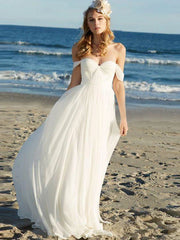 Beach Sexy Boho Wedding Dresses Floor Length A-Line Cap Sleeve Off Shoulder Chiffon With Pleats Solid Color
