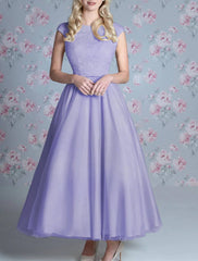 A-Line Bridesmaid Dress Jewel Neck Sleeveless Elegant Ankle Length Lace / Tulle with Appliques - RongMoon