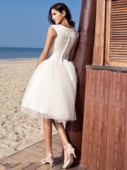 Beach Little White Dresses Wedding Dresses Knee Length A-Line Cap Sleeve Bateau Neck Satin With Draping