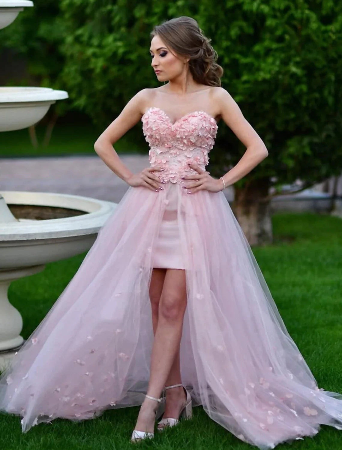 Sheath / Column Prom Dresses High Low Dress Prom Sweep / Brush Train Sleeveless Sweetheart Tulle with Embroidery Appliques