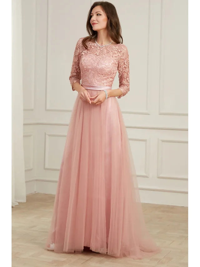 A-Line Evening Gown Spring Dress Party Wear Sweep / Brush Train Long Sleeve Jewel Neck Lace with Appliques