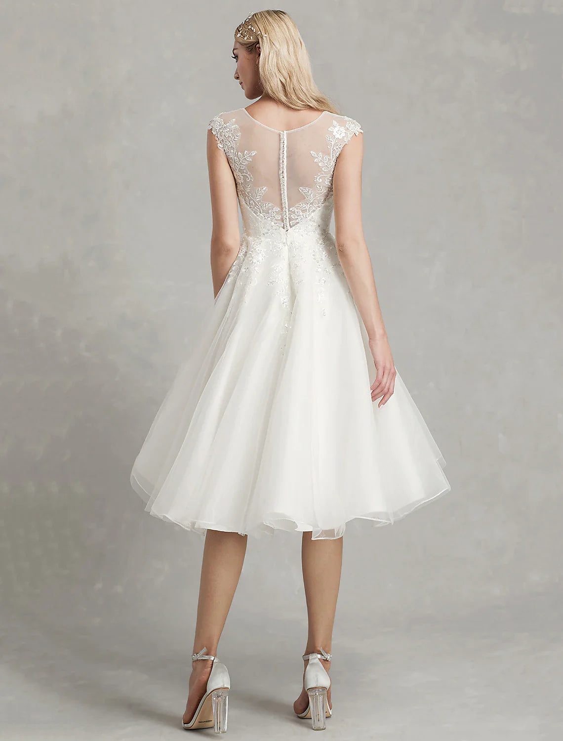 Reception Little White Dresses Wedding Dresses A-Line Illusion Neck Cap Sleeve Knee Length Lace Bridal Gowns With Appliques