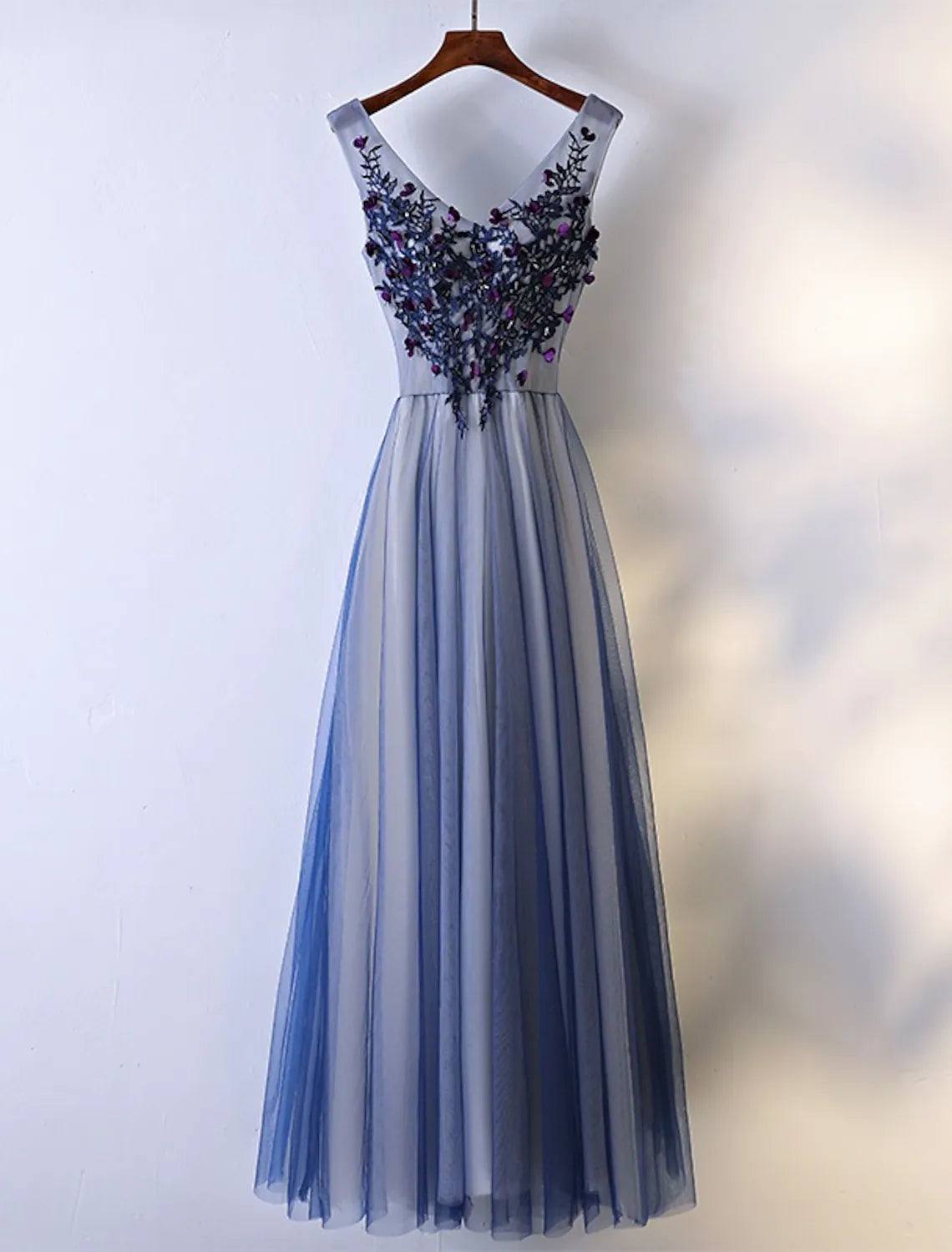 A-Line Bridesmaid Dress V Neck Sleeveless Elegant Floor Length Tulle with Beading / Appliques - RongMoon