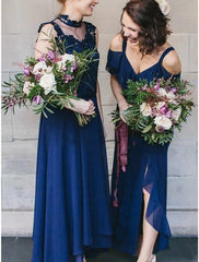 Sheath / Column Bridesmaid Dress V Neck / Jewel Neck Sleeveless Elegant Asymmetrical Chiffon / Lace with Ruffles / Solid Color - RongMoon