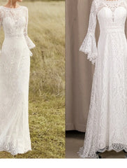 Beach Boho Wedding Dresses Sweep / Brush Train A-Line Long Sleeve Scoop Neck Lace With Lace Solid Color
