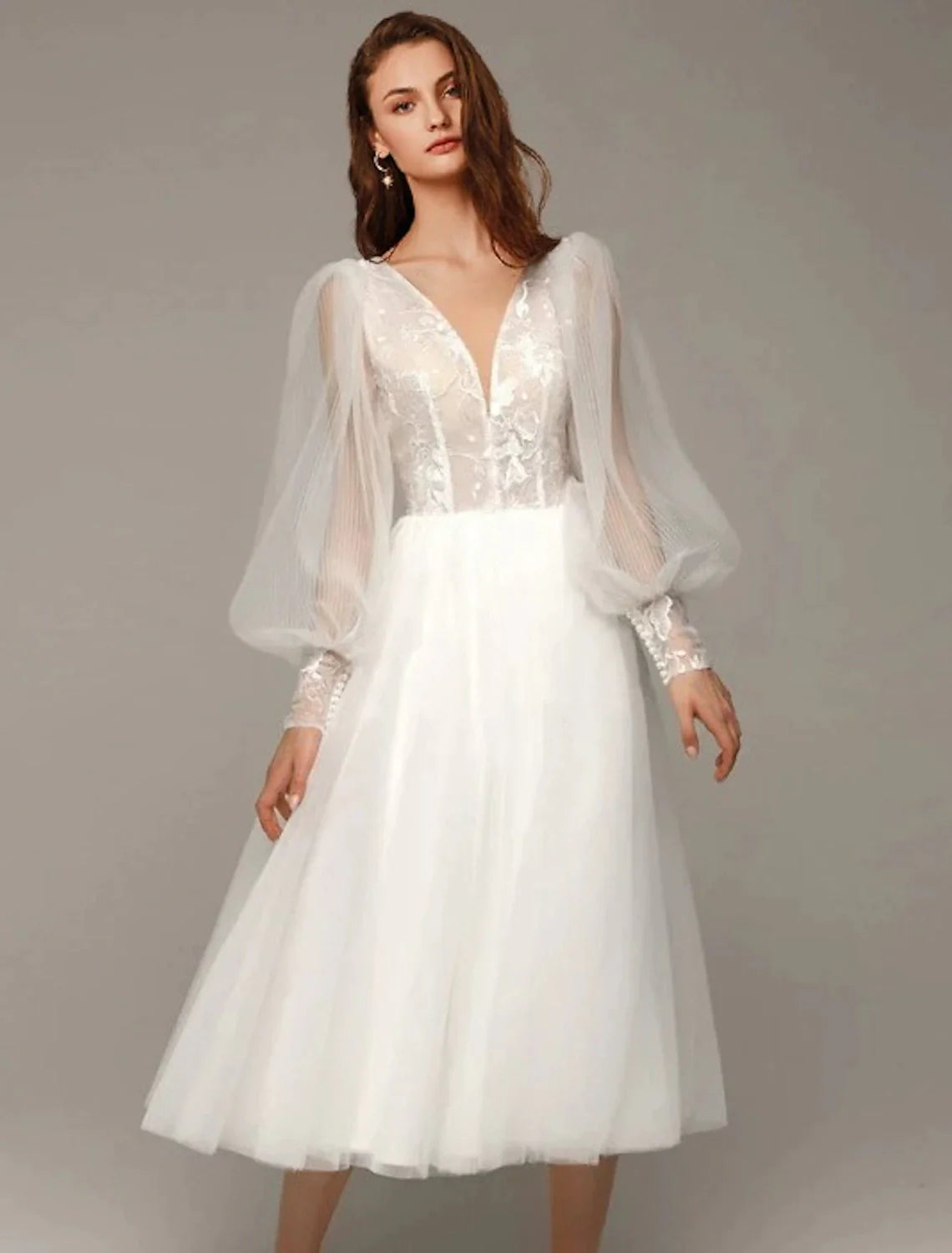 Hall Vintage 1940s / 1950s Little White Dresses Wedding Dresses A-Line V Neck Long Sleeve Tea Length Satin Bridal Gowns With Appliques Solid Color
