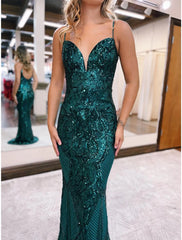 Mermaid / Trumpet Prom Dresses Sparkle & Shine Dress Formal Sweep / Brush Train Sleeveless V Neck Sequined Backless with Sequin