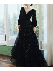 A-Line Bridesmaid Dress Jewel Neck Long Sleeve Elegant Floor Length Tulle / Velvet with Sequin / Bandage - RongMoon