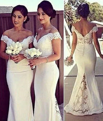 White Mermaid Off Shoulder Lace Long Prom Dresses, Lace Formal Dresses, White Bridesmaid Dresses - RongMoon