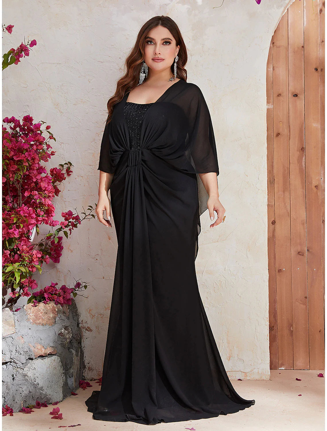 Mermaid / Trumpet Wedding Guest Dresses Plus Size Dress Formal Evening Party Sweep / Brush Train Long Sleeve V Neck Polyester with Sequin Shawl