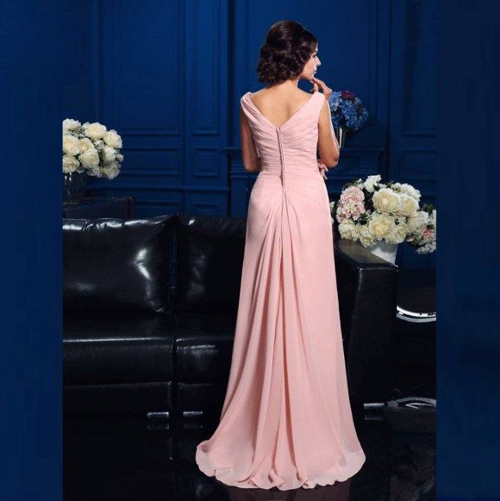 Wholesale Charming Pink Chiffon Full Length Mother of the Bride Dresses Deep V Neckline Beaded Wedding Party Gowns Back Out - RongMoon