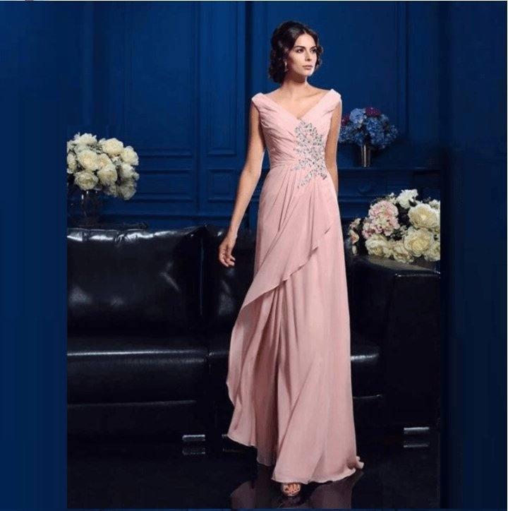 Wholesale Charming Pink Chiffon Full Length Mother of the Bride Dresses Deep V Neckline Beaded Wedding Party Gowns Back Out - RongMoon