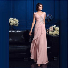 Wholesale Charming Pink Chiffon Full Length Mother of the Bride Dresses Deep V Neckline Beaded Wedding Party Gowns Back Out - RongMoon