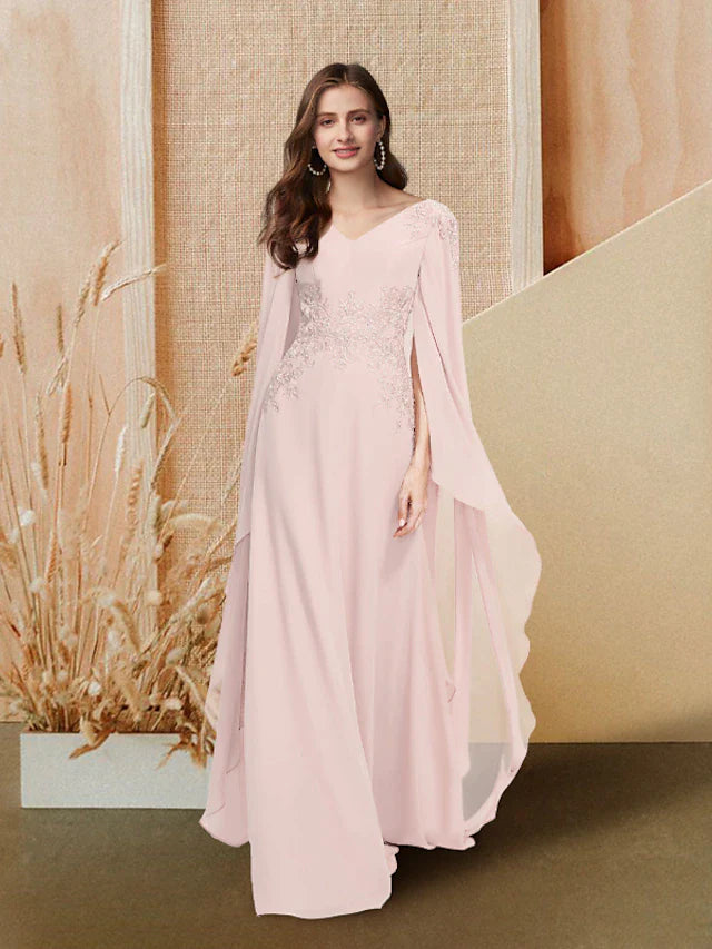 A-Line Elegant Cute Prom Formal Evening Dress V Neck Long Sleeve Floor Length Chiffon with Appliques