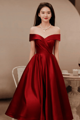 Wine Red Satin Tea Length Bridesmaid Dress Party Dress, Burgundy Satin Homecoming Dress - RongMoon