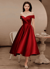 Wine Red Satin Tea Length Bridesmaid Dress Party Dress, Burgundy Satin Homecoming Dress - RongMoon