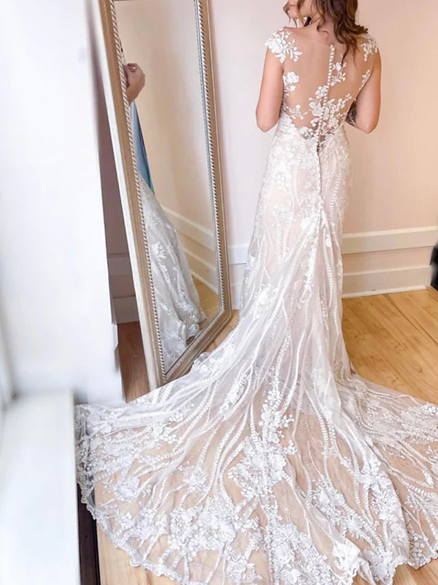 Hall Wedding Dresses Chapel Train Mermaid / Trumpet Sleeveless Jewel Neck Lace With Buttons Appliques - RongMoon