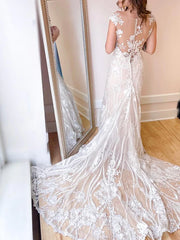 Hall Wedding Dresses Chapel Train Mermaid / Trumpet Sleeveless Jewel Neck Lace With Buttons Appliques - RongMoon