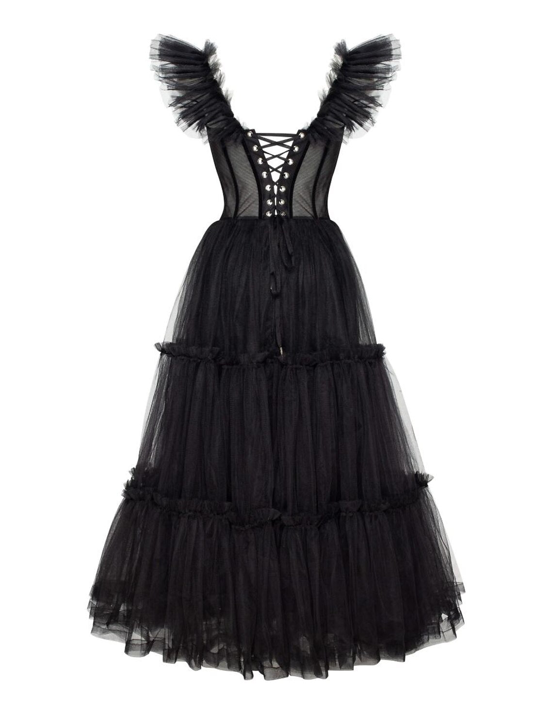 A-Line Prom Dresses Gothic Dress Masquerade Ankle Length Sleeveless Sweetheart Wednesday Addams Family Tulle Crisscross Back with Pleats Ruffles