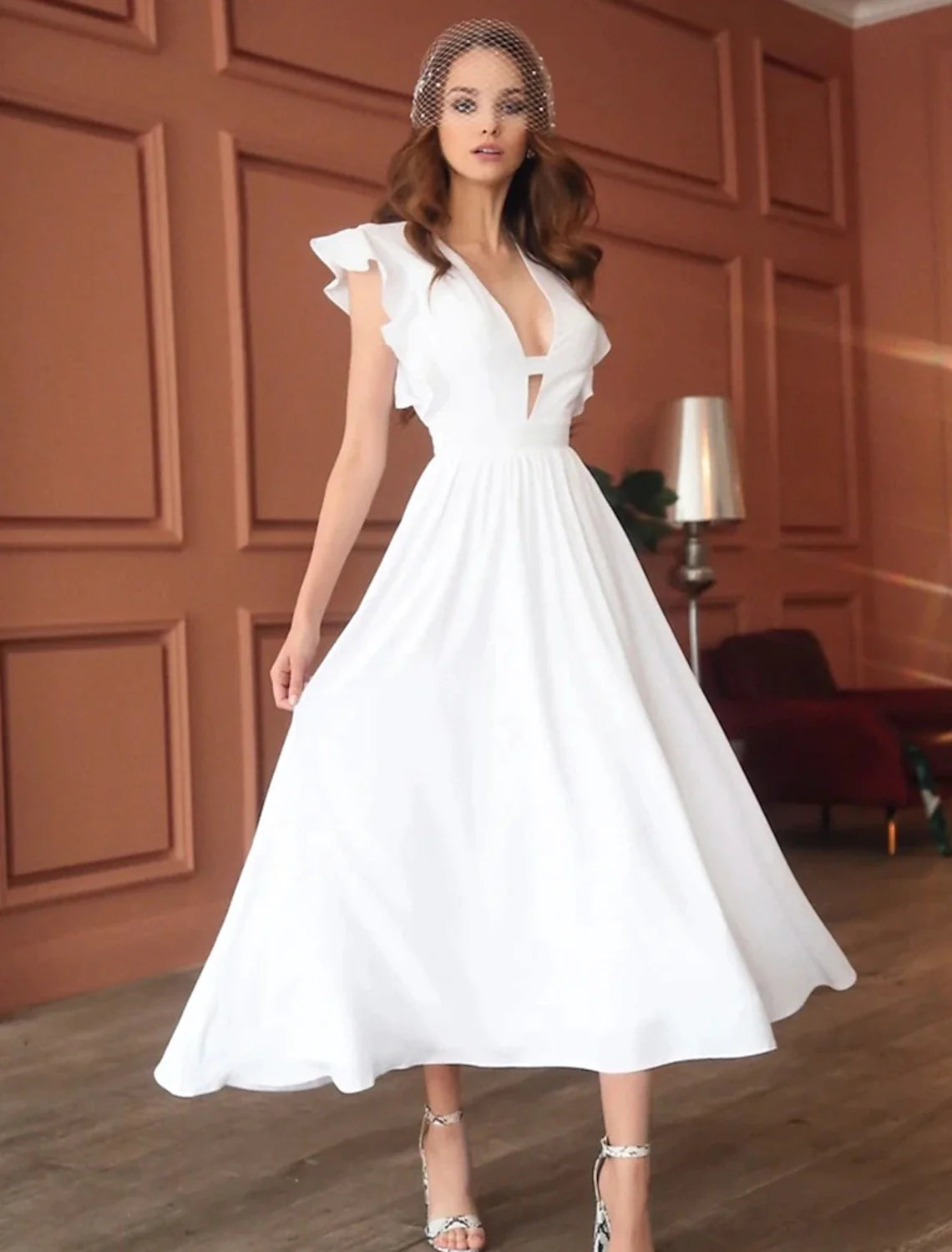 A-Line Princess Cute Wedding Guest Prom Dress V Neck Sleeveless Tea Length Stretch Fabric with Ruffles Pure Color