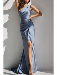 Sheath / Column Bridesmaid Dress One Shoulder Sleeveless Elegant Sweep / Brush Train Charmeuse with Split Front / Solid Color - RongMoon