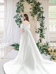 Hall Casual Wedding Dresses Chapel Train Sheath / Column Cap Sleeve Off Shoulder Satin With Ruched