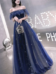 Fairy Prom Dress Sparkle Party Dress Off Shoulder Short Sleeve Floor Length Tulle with Sequins Embroidery