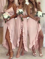 A-Line Bridesmaid Dress Spaghetti Strap Long Sleeve Sexy Asymmetrical Spandex with Ruffles - RongMoon