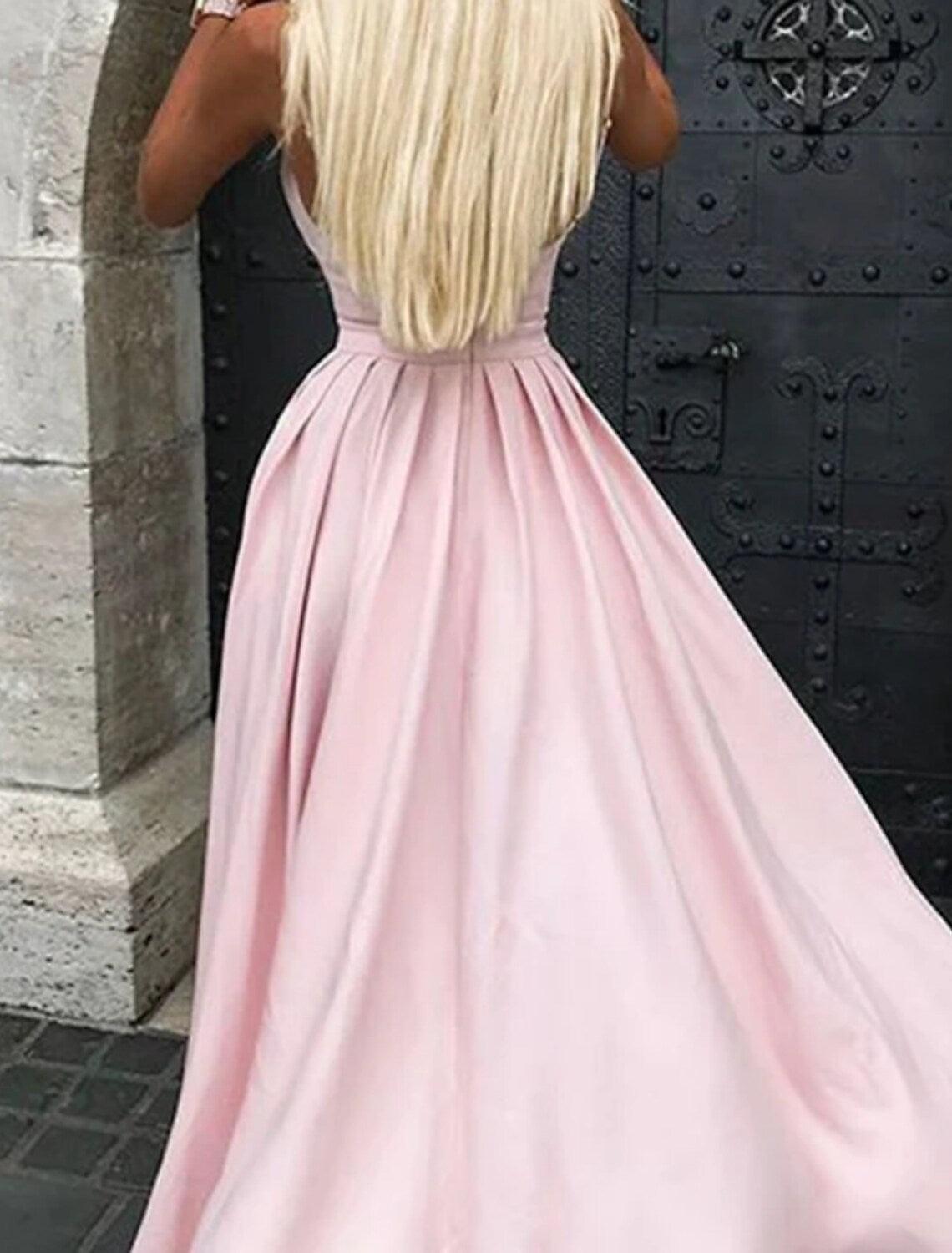 A-Line Bridesmaid Dress V Neck / Spaghetti Strap Sleeveless Elegant Asymmetrical Stretch Chiffon with Pleats / Solid Color - RongMoon