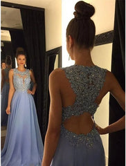 A-Line Empire Prom Formal Evening Dress Jewel Neck Sleeveless Sweep / Brush Train Chiffon with Beading Appliques