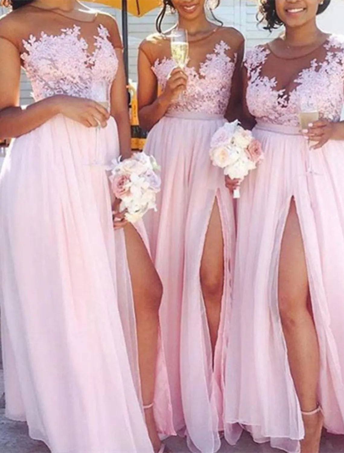 A-Line Bridesmaid Dress Jewel Neck Sleeveless Elegant Floor Length Chiffon / Lace with Appliques / Split Front - RongMoon