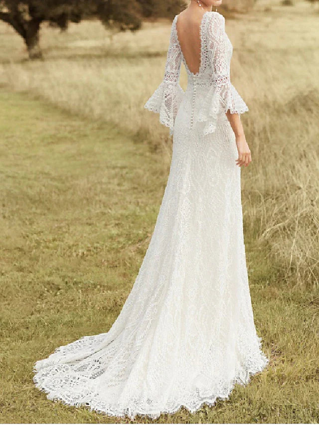 Beach Boho Wedding Dresses Court Train A-Line Long Sleeve Jewel Neck Lace With Lace Solid Color