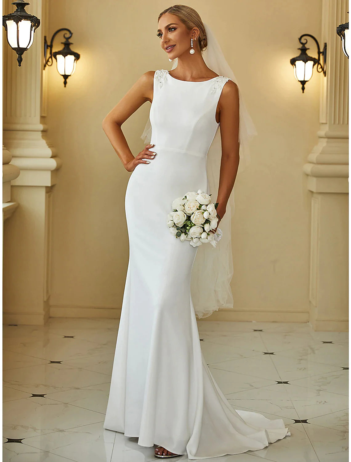 Reception Casual Wedding Dresses Mermaid / Trumpet Scoop Neck Sleeveless Sweep / Brush Train Stretch Fabric Bridal Gowns With Beading Solid Color