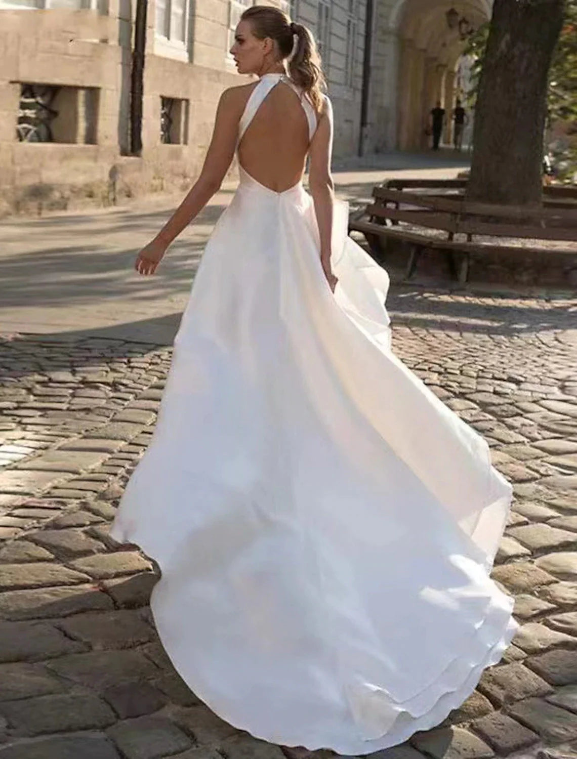 Reception Open Back Casual Wedding Dresses A-Line Halter Sleeveless Court Train Satin Bridal Gowns With Solid Color
