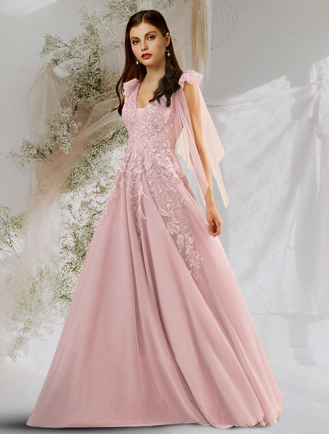 A-Line Beautiful Back Floral Open Back Engagement Prom Dress V Neck Backless Sleeveless Floor Length Tulle with Bow(s) Appliques