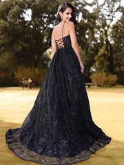 Black Sequin Criss Cross Back Prom Dress