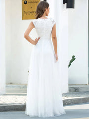 Beach Wedding Dresses Floor Length A-Line Short Sleeve V Neck Lace With Lace