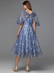 A-Line Floral Dress Wedding Guest Tea Length Sleeveless V Neck Lace V Back with Pattern / Print Appliques