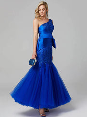 Fit & Flare Elegant Dress Holiday Floor Length Sleeveless One Shoulder Lace Over Tulle with Lace