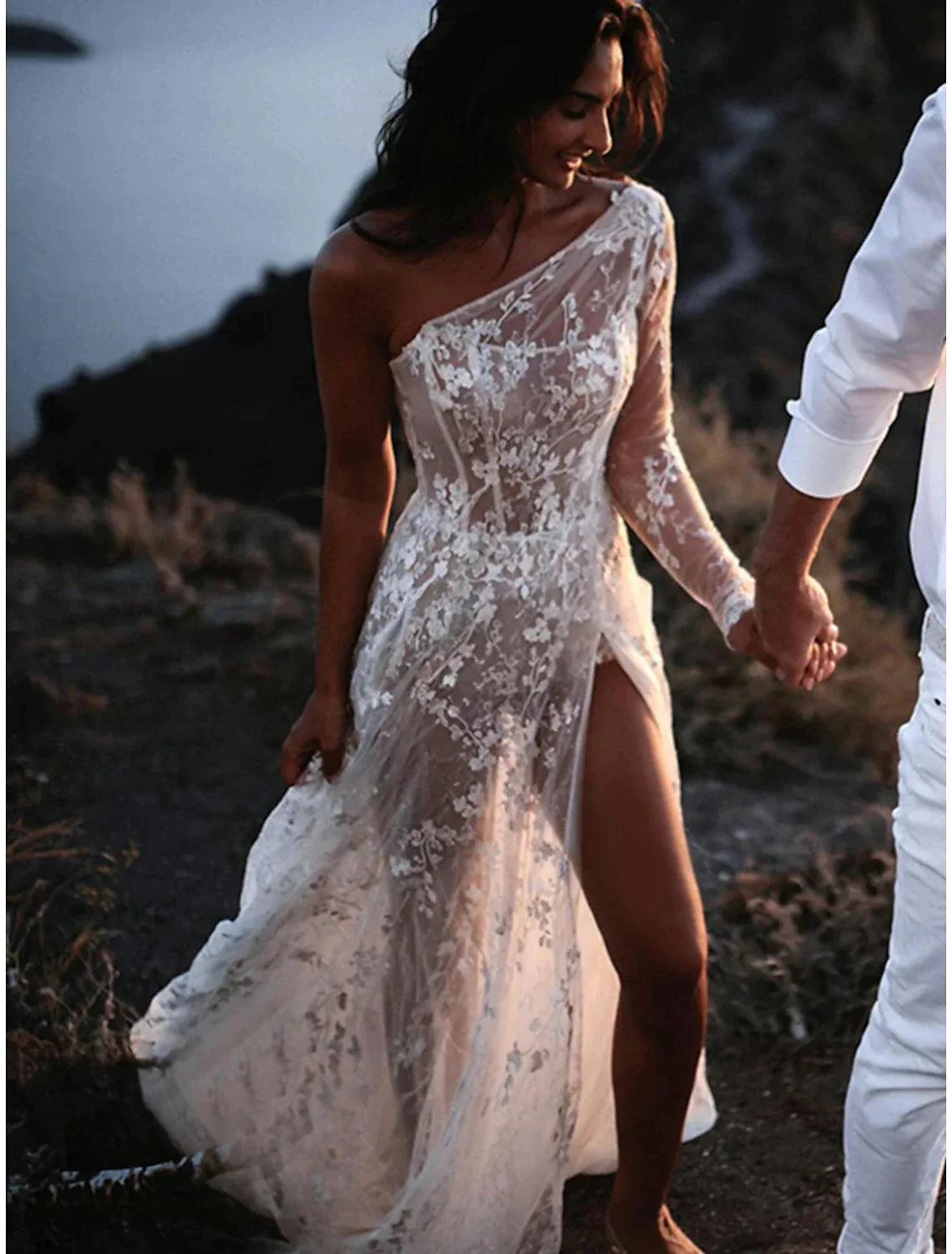 Beach Sexy Boho Wedding Dresses A-Line One Shoulder Long Sleeve Sweep / Brush Train Lace Bridal Gowns With Split Front
