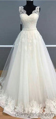 Elegant A Line V Neck Long Lace Tulle Wedding Dress.DB10042