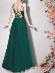 A-Line Bridesmaid Dress Spaghetti Strap Sleeveless Sexy Floor Length Satin / Tulle with Beading / Split Front - RongMoon