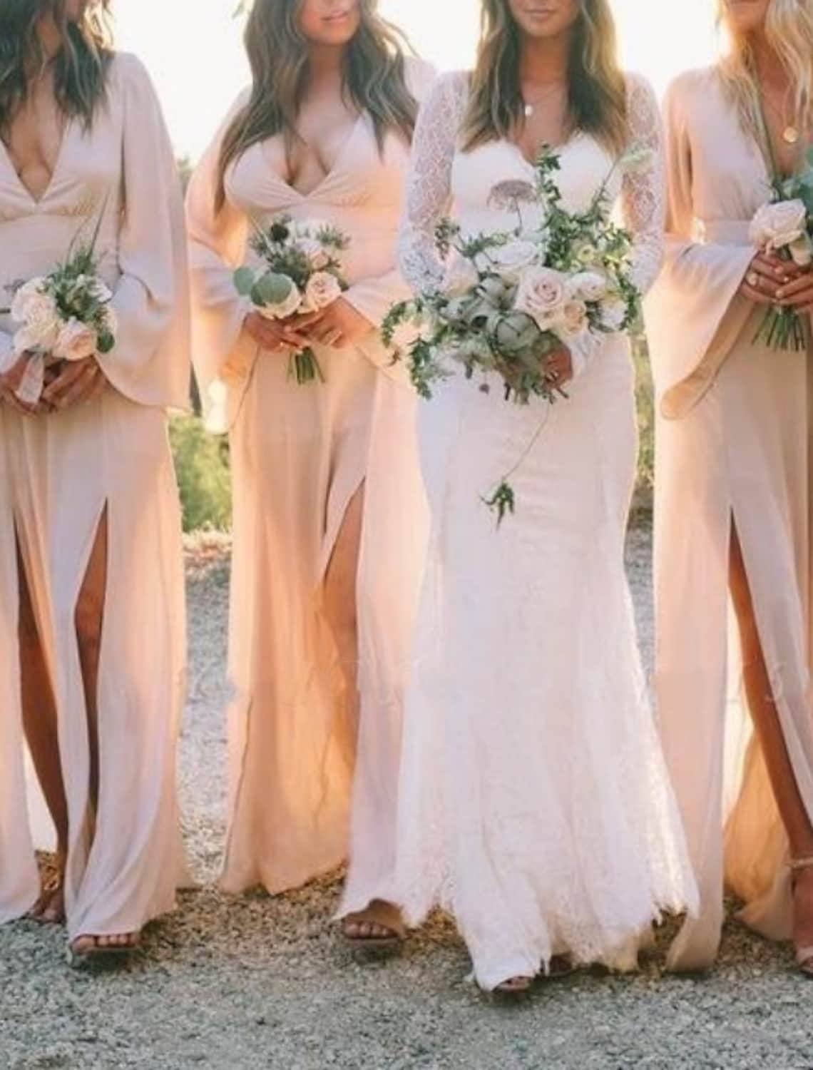 Sheath / Column Bridesmaid Dress V Neck Long Sleeve Sexy Floor Length Chiffon with Split Front / Solid Color - RongMoon