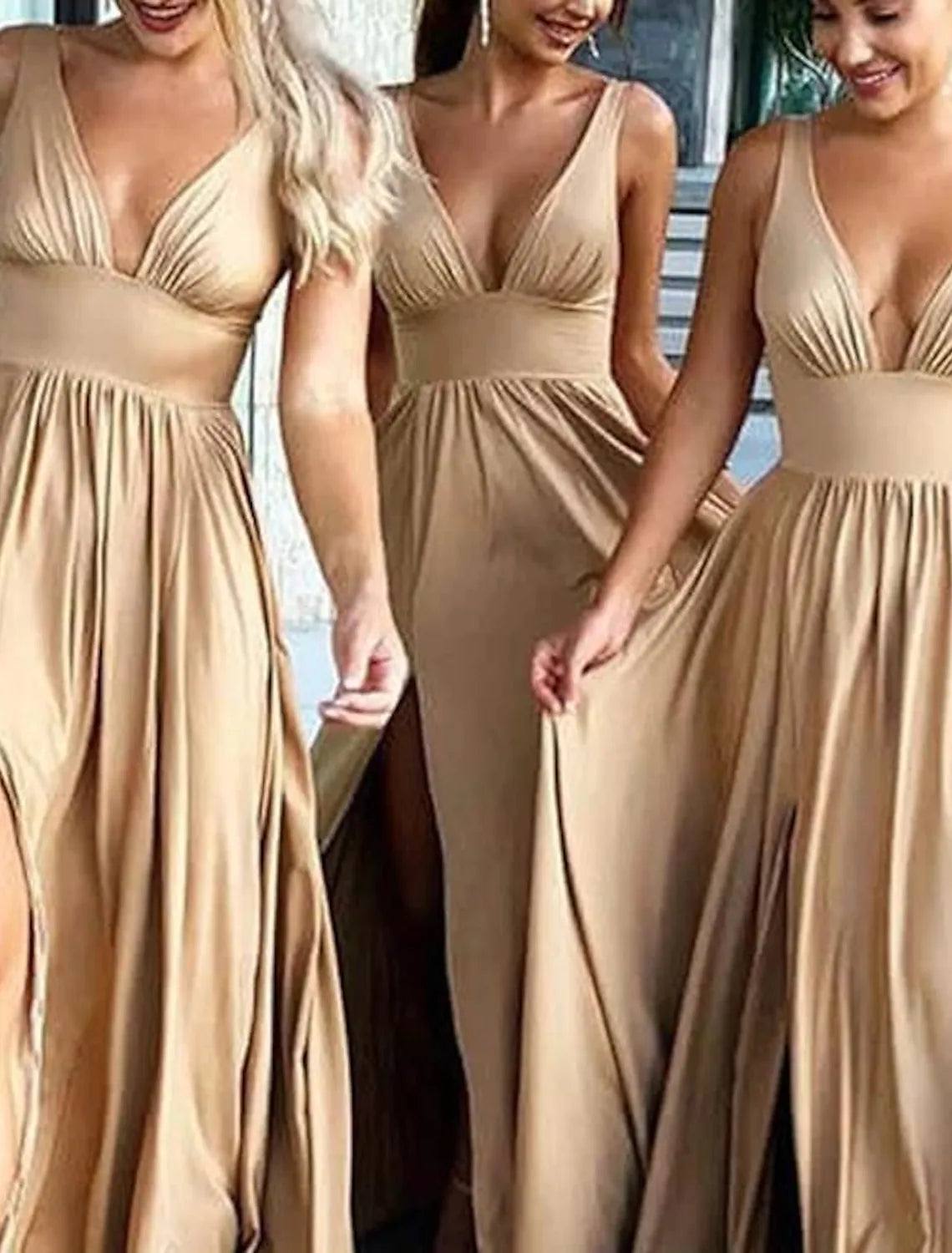 A-Line Bridesmaid Dress V Neck Sleeveless Sexy Sweep / Brush Train Spandex with Ruffles / Split Front - RongMoon