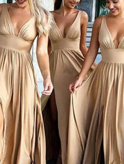A-Line Bridesmaid Dress V Neck Sleeveless Sexy Sweep / Brush Train Spandex with Ruffles / Split Front - RongMoon