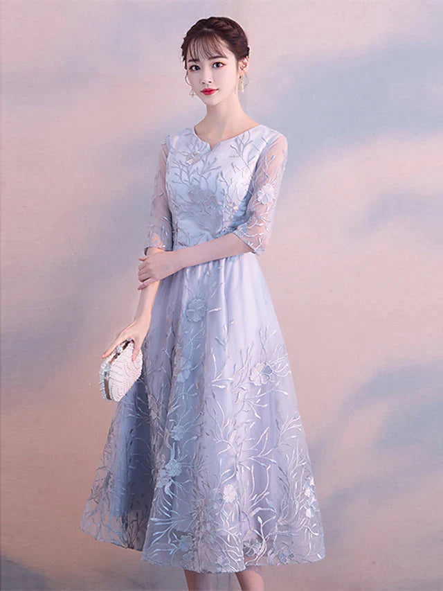 A-Line Elegant Cocktail Party Prom Dress Jewel Neck 3/4 Length Sleeve Tea Length Lace with Lace Insert Pattern / Print Appliques